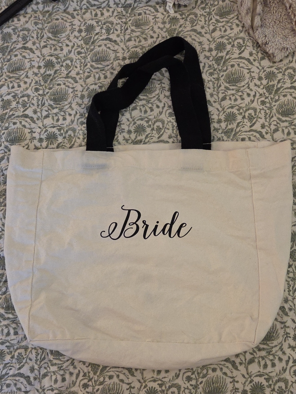 Bride Canvas Tote Bag in Cream with Black Handles